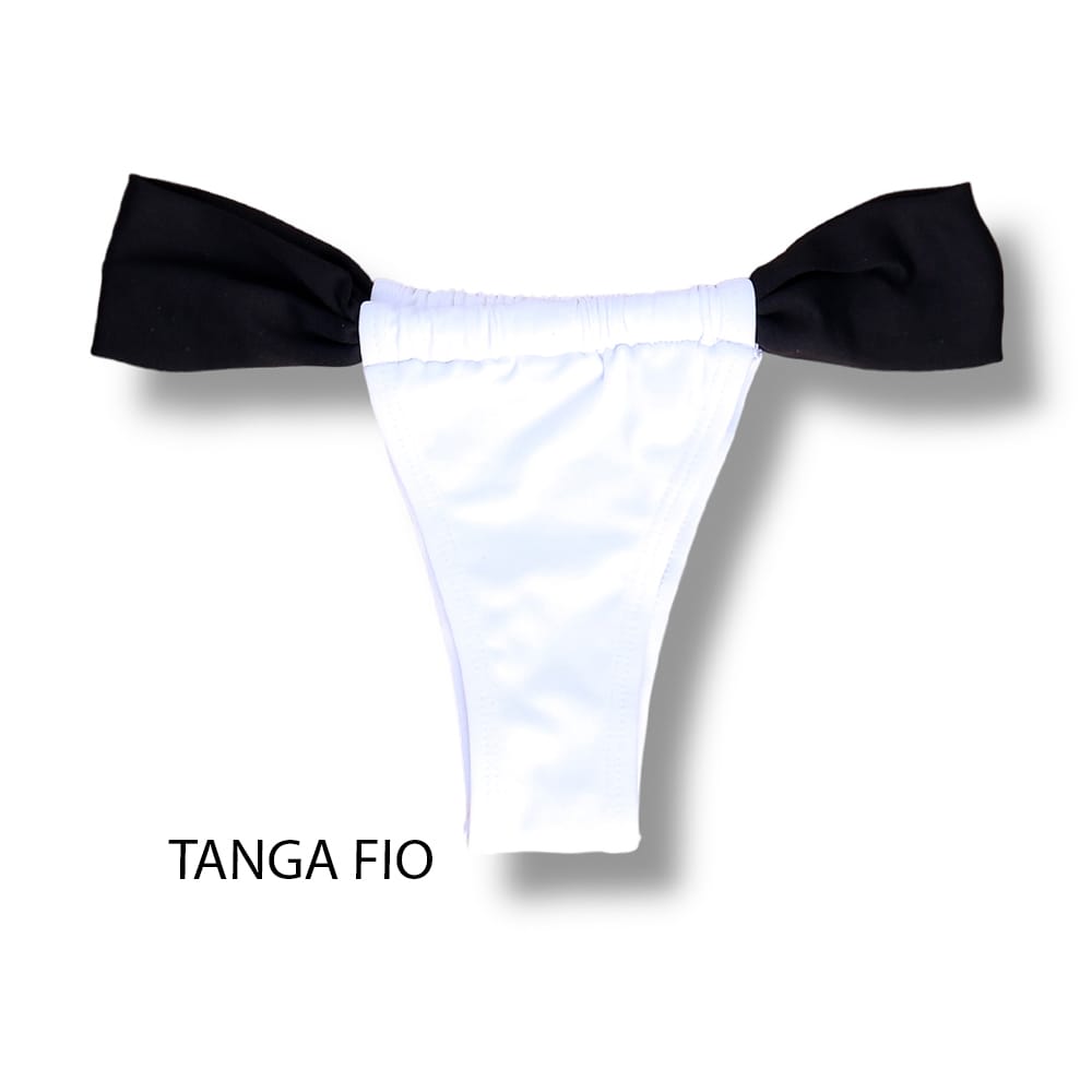 Tanga Gali Bicolor Black and White | Biquíni Fio Dental | Cortininha Regulável | Branco com Detalhe Preto