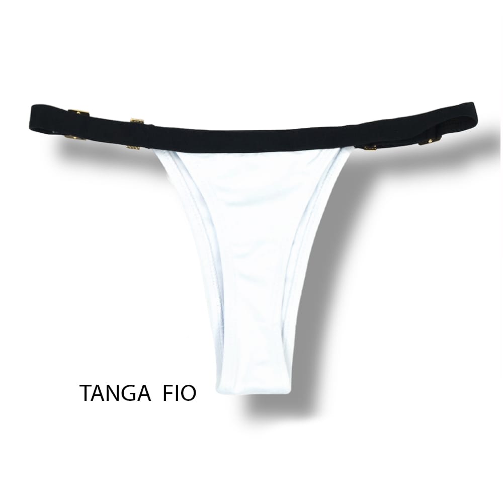 Tanga Fany Bicolor Black and White | Biquíni Liso Branco Semi Fio | Marquinha de Fita | Regulável | Detalhe Preto