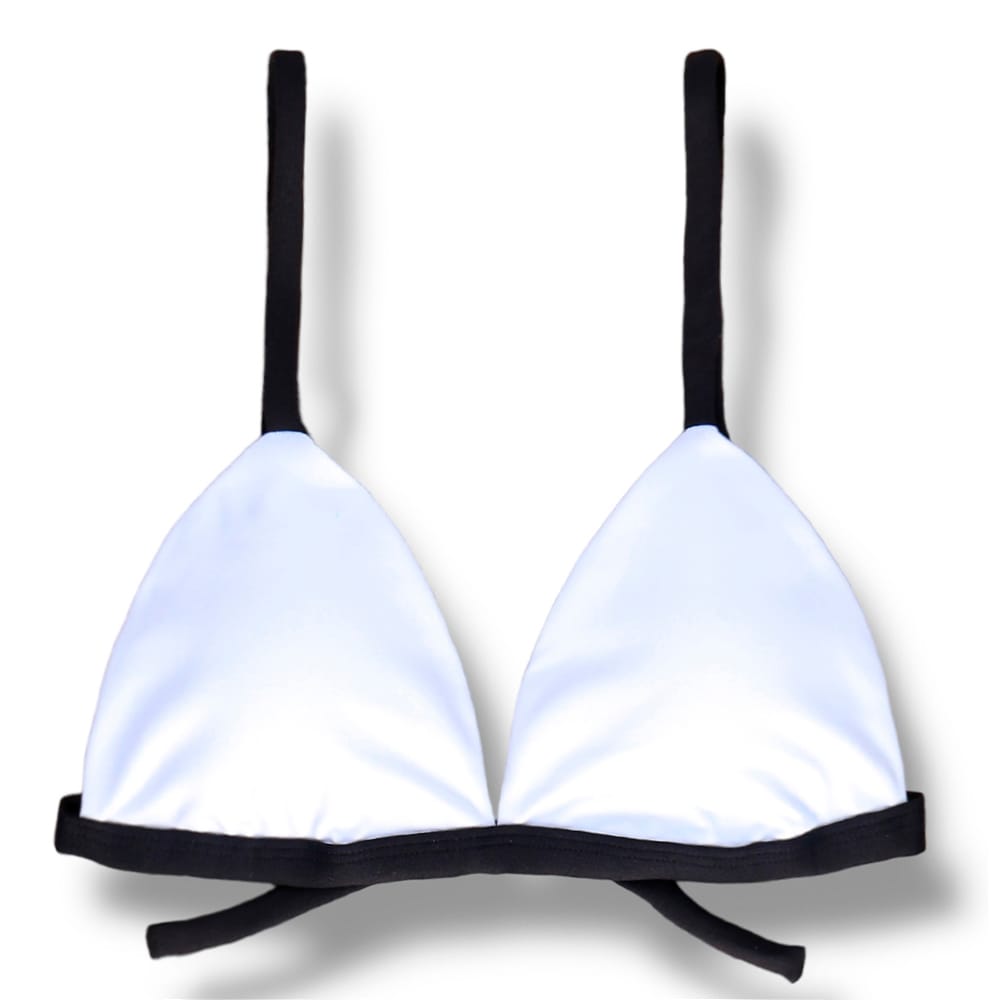 Top Jade Bicolor Black and White | Cortininha Triängulo Fixo | Estilo Sutiã com Amarração nas Costas | Alças com Regulagem | Biquíni Liso Branco | Detalhes Preto