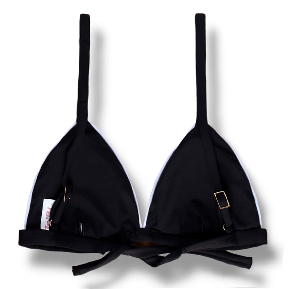 Top Jade Bicolor Black and White | Cortininha Triängulo Fixo | Estilo Sutiã com Amarração nas Costas | Alças com Regulagem | Biquíni Liso Branco | Detalhes Preto