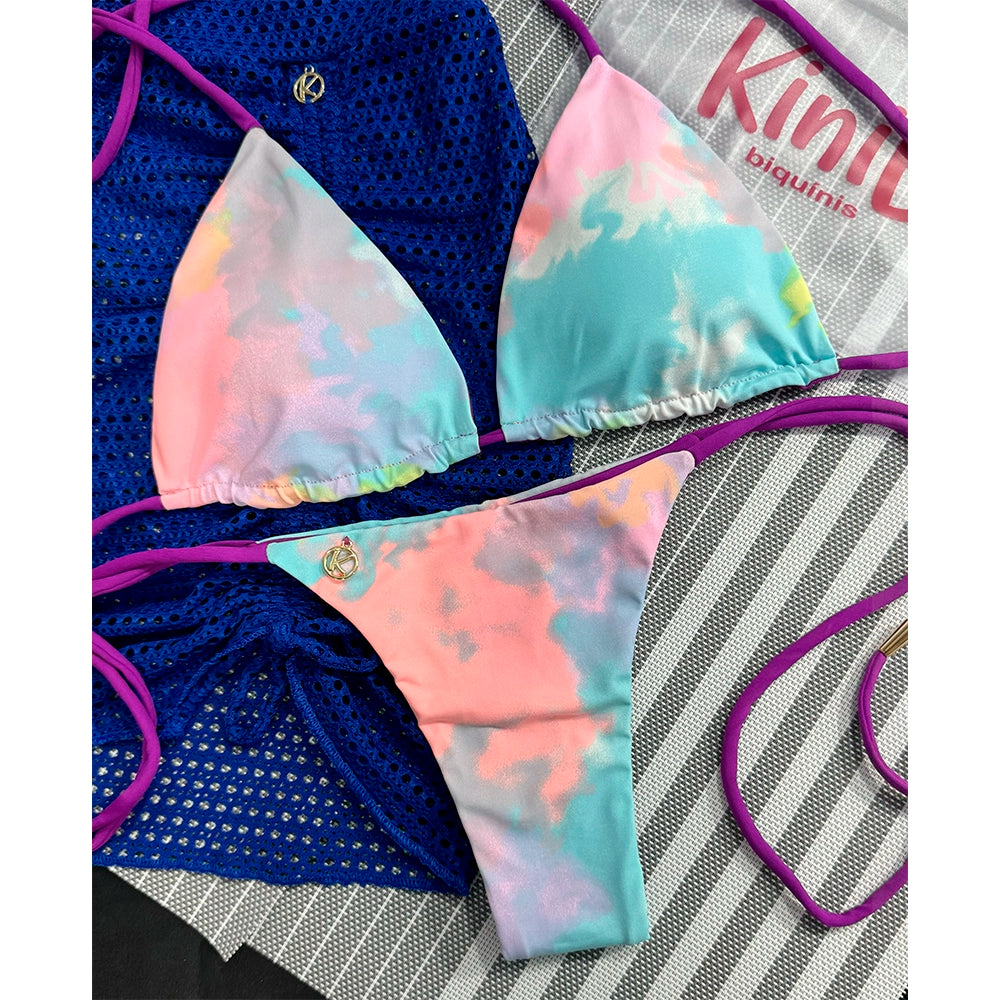 Conjunto de Biquíni Tie Dye com a Combinação Uva | Top Lua + Tanga Cora
