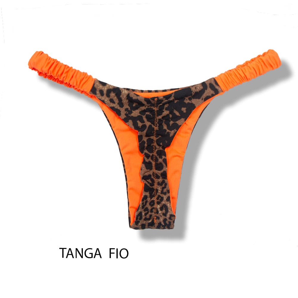 Conjunto de biquíni Animal Print com a combinação Laranja | Top Mila + Tanga Flora | Top Micro Cortininha sem Bojo | Tanga Elástico Frufru Fio Dental