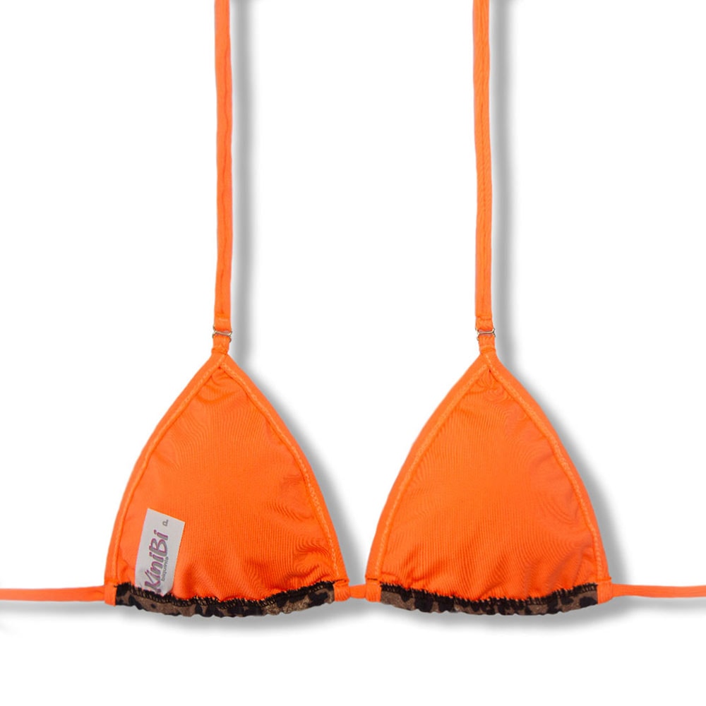 Conjunto de biquíni Animal Print com a combinação Laranja | Top Mila + Tanga Flora | Top Micro Cortininha sem Bojo | Tanga Elástico Frufru Fio Dental