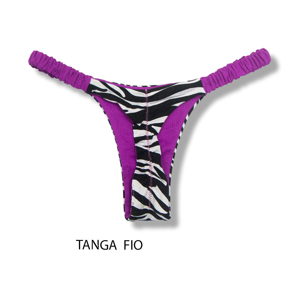 Conjunto de biquíni Zebra com a combinação Uva | Top Mila + Tanga Flora | Top Micro Cortininha sem Bojo | Tanga Elástico Frufru Fio Dental