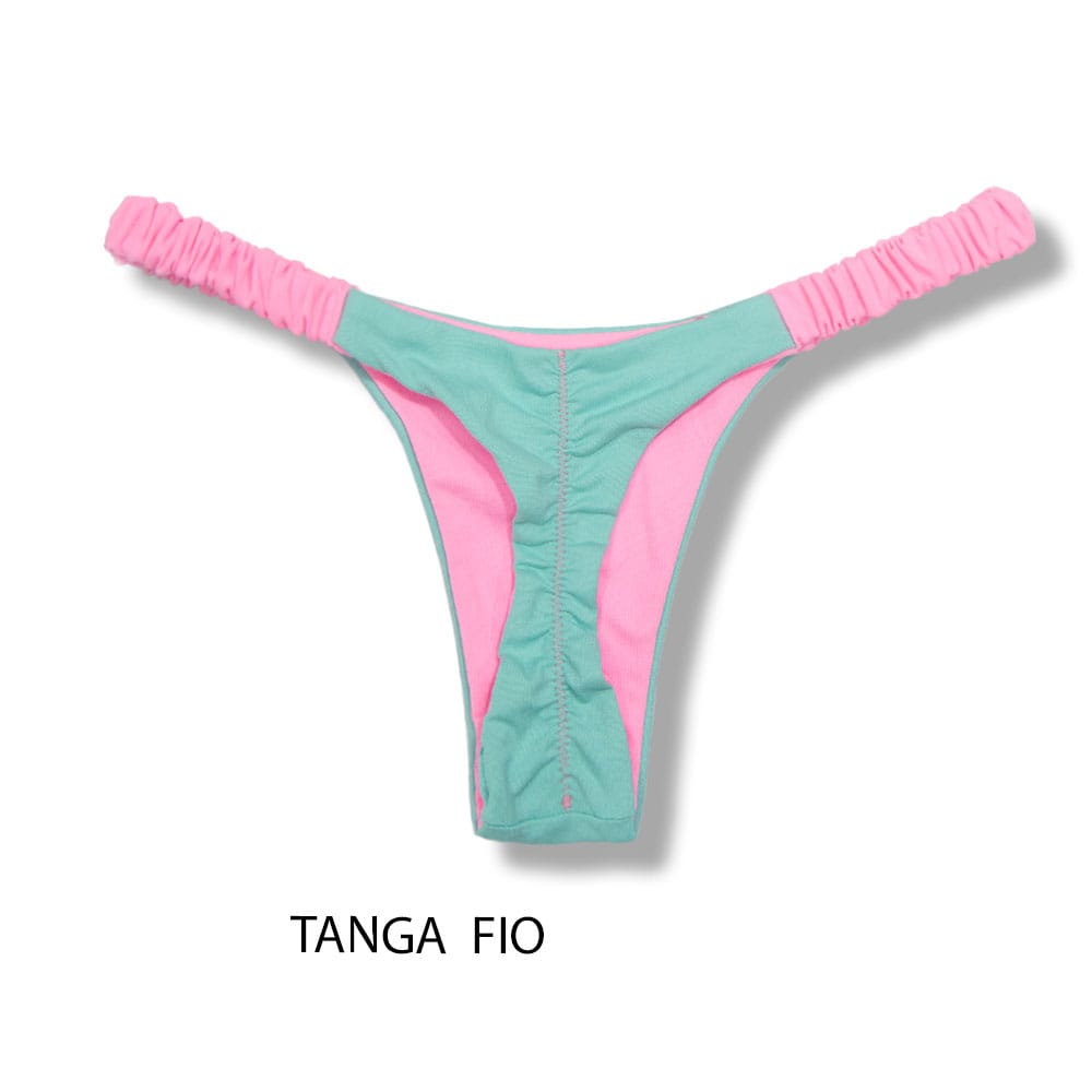 Conjunto de biquíni Bicolor Verde Mint e Rosa Iogurte | Top Mila + Tanga Flora | Top Micro Cortininha sem Bojo | Tanga Elástico Frufru Fio Dental