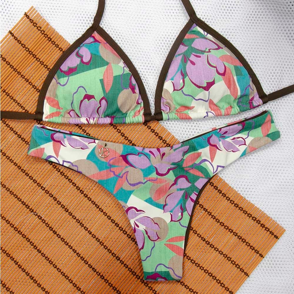 Conjunto de Biquíni Lilac | Top Mara + Tanga Isa | Top Cortininha com Abertura para Bojo | Tanga Tradicional Ripple Dupla Face Empina Bumbum