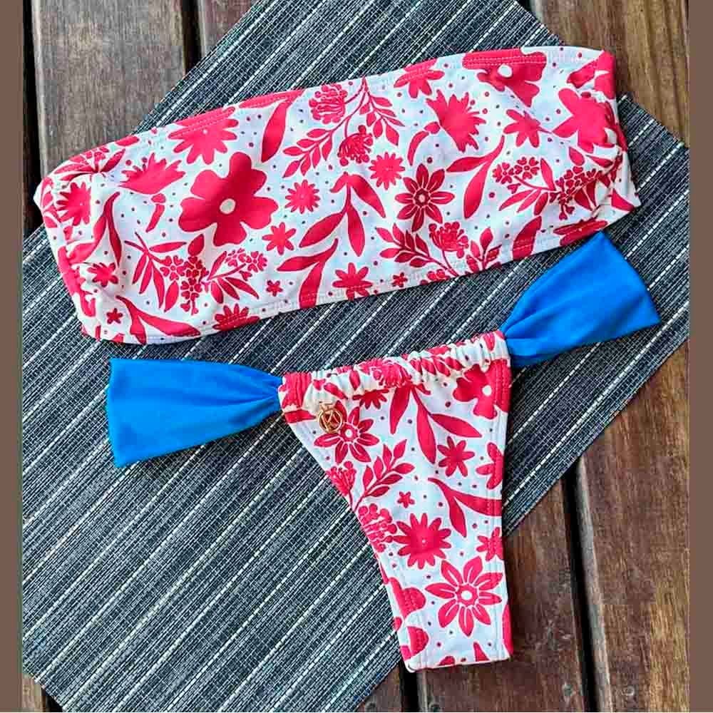 Conjunto Scarlet | Top Faixa + Tanga Gali | Top Faixa sem Bojo | Tanga Cortininha Semi Fio | Biquíni Estampado