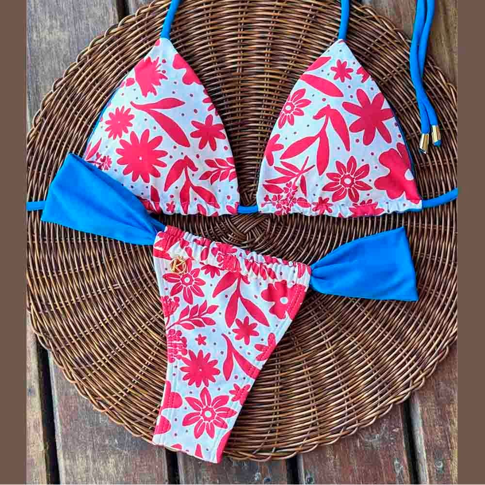 Conjunto Scarlet | Top Lua + Tanga Gali | Top Cortininha Reversível com Bojo | Tanga Cortininha Semi Fio | Biquíni Estampado