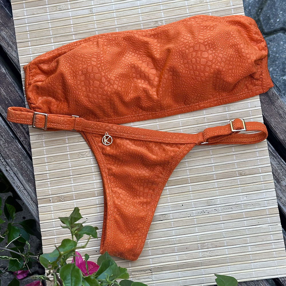 Conjunto de Biquini Crocô Sunset | Top Faixa + Tanga Fany |Tanga fita deixa marca de bronze linda com regulador que não esquenta no sol | top faixa com ponteiras para amarrar nas