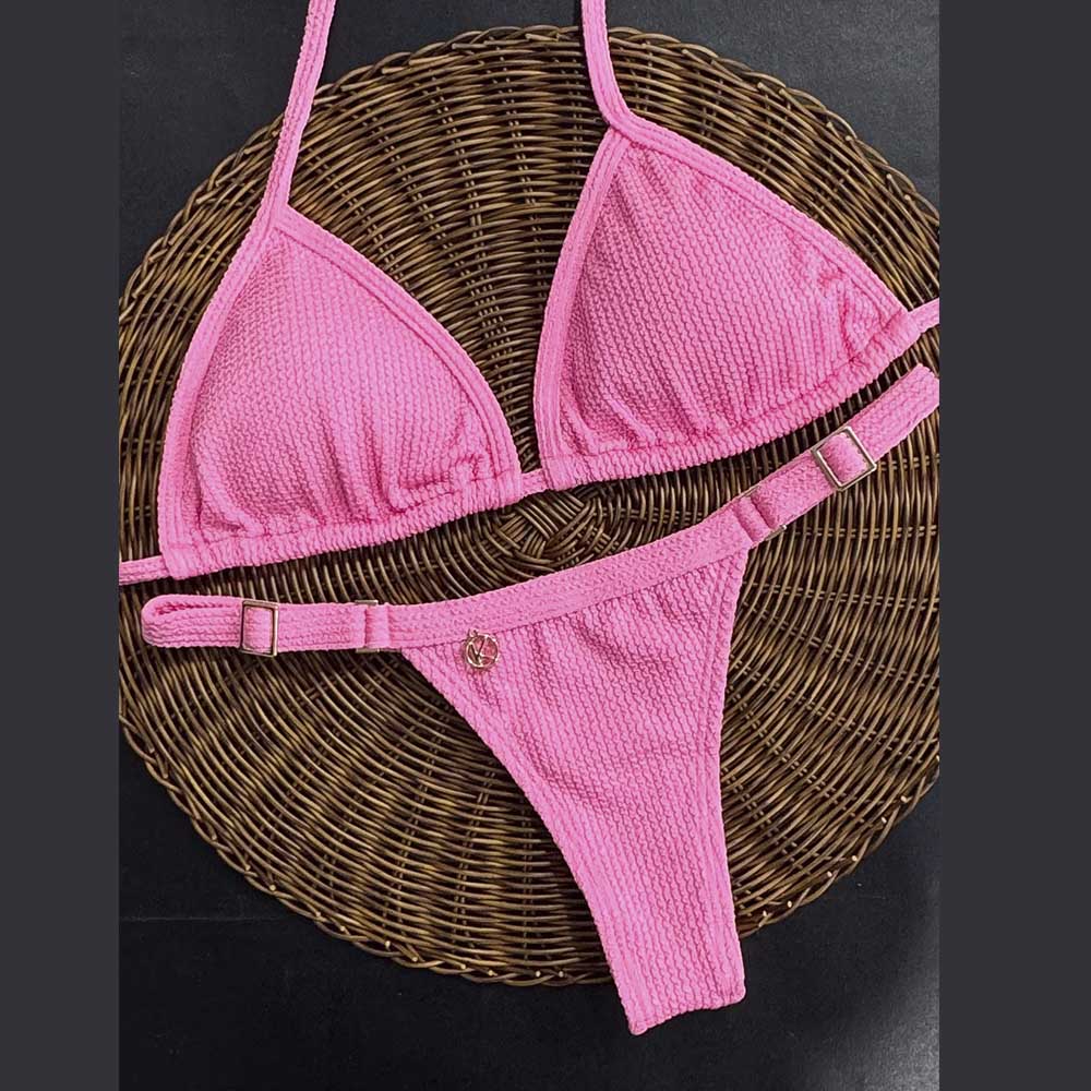 Conjunto de Biquíni Blush | Top Mara + Tanga Fany | Top cortininha com Abertura para Bojo | Tanga Fita que deixa marca de bronze linda | Tecido texturizado Plissê