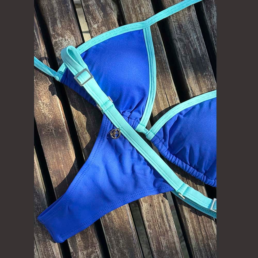 Conjunto de Biquíni Bicolor Azul Cobalto e Verde Mint | Top Mara + Tanga Fany | Top Cortininha com Abertura para Bojo  | Tanga Fita