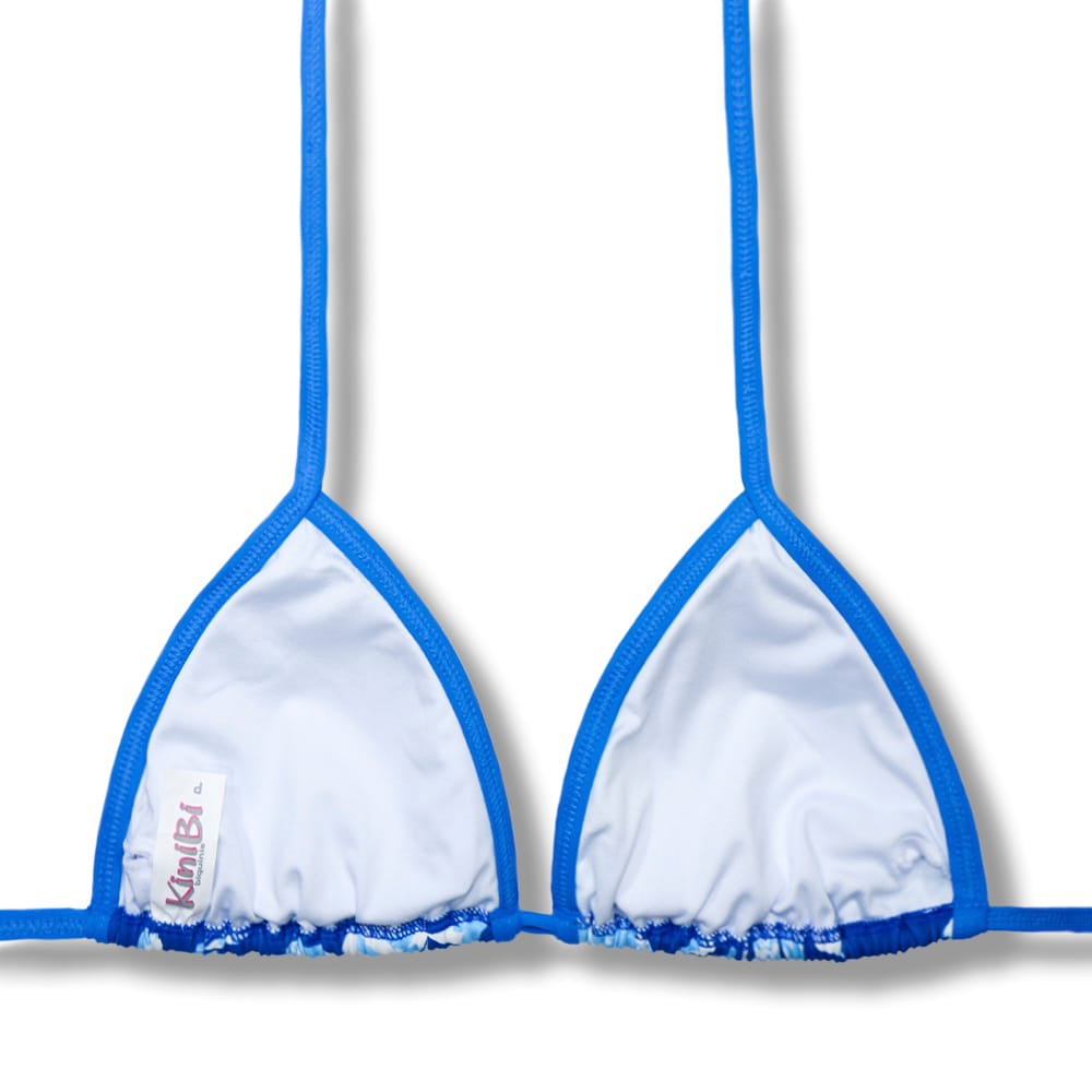 Top Mara Íris | Cortininha com Viés Tradicional | Abertura para Bojo | Biquíni Estampa | Detalhes Azul