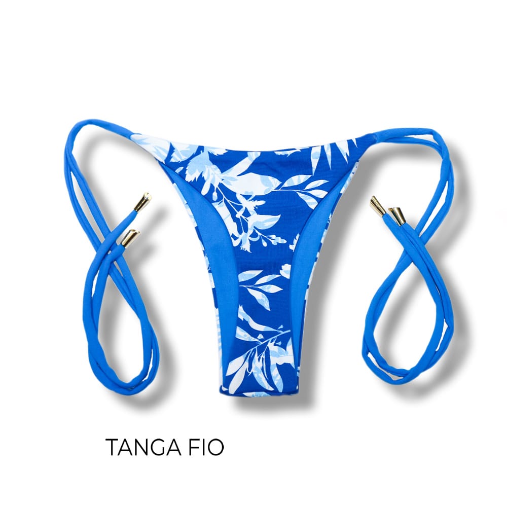Tanga Cora Íris | Biquini Estampado | Tanga Fio Dental | Tira de Laço Fino | Dupla Face Azul | Reversível