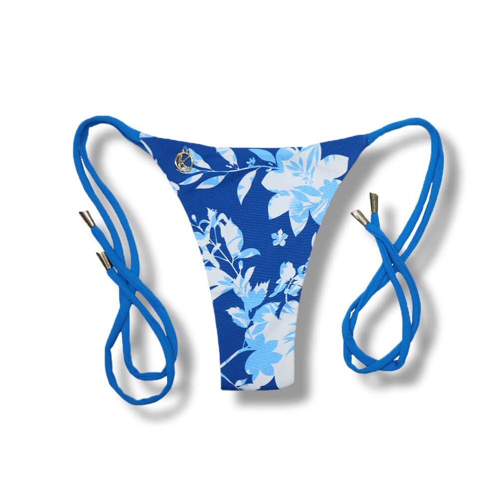 Tanga Cora Íris | Biquini Estampado | Tanga Fio Dental | Tira de Laço Fino | Dupla Face Azul | Reversível