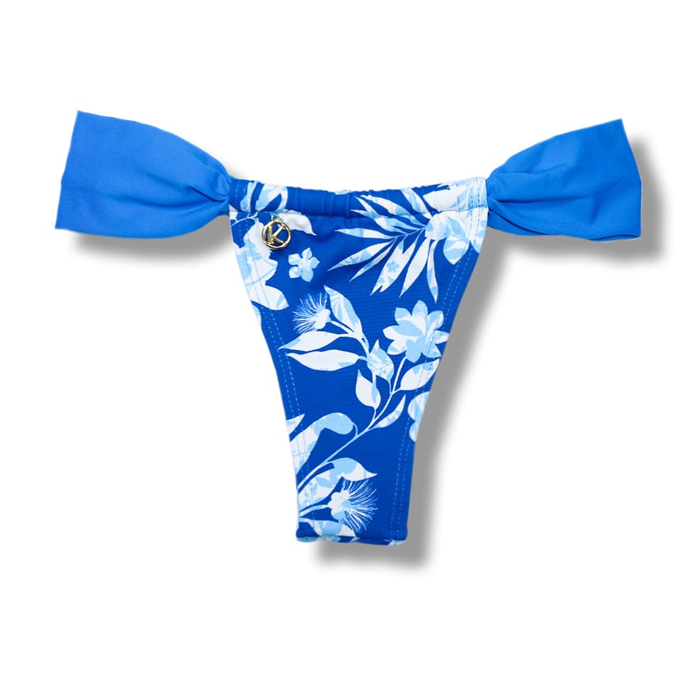Tanga Gali Íris | Biquíni Estampado | Fio Dental | Cortininha Regulável | Detalhe em Azul