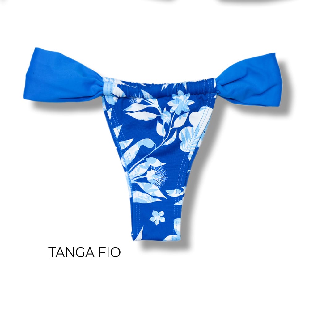 Tanga Gali Íris | Biquíni Estampado | Fio Dental | Cortininha Regulável | Detalhe em Azul
