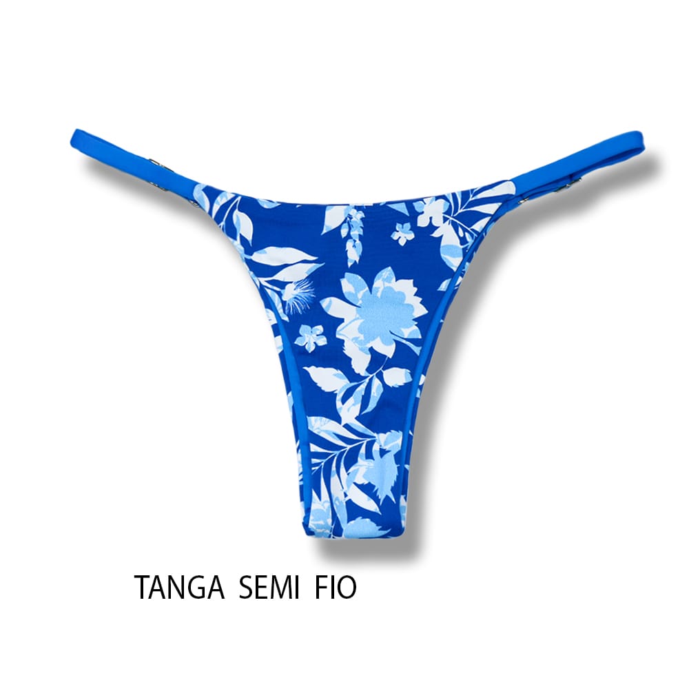 Tanga Mia Íris | Biquíni Estampado | Semi Fio | Tira Fina Regulável | Marquinha de Fita | Detalhe Azul
