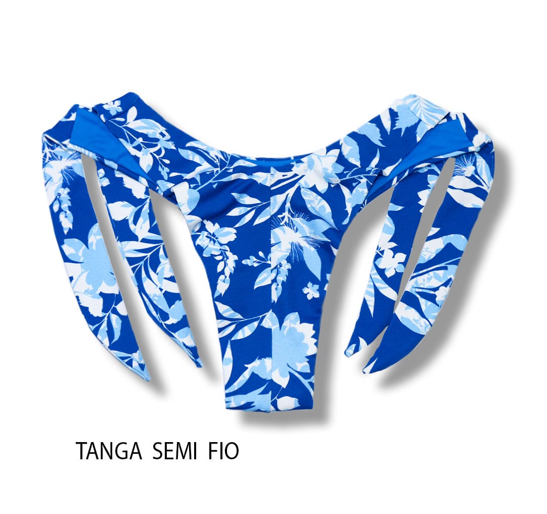 Tanga Mora ìris | Biquíni Estampado Fio Duplo | Amarração Lateral Larga | Detalhe Interno Azul