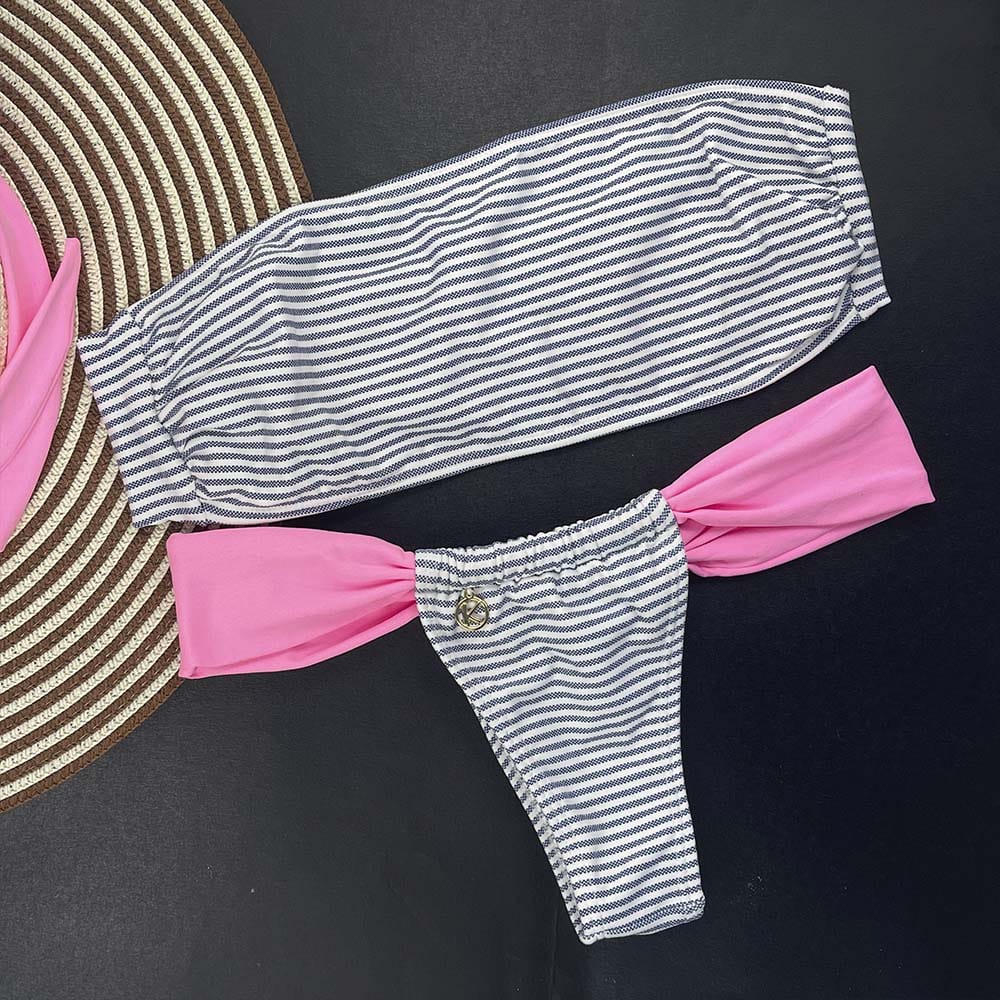 Conjunto de biquíni Denim com a combinação Rosa Iogurte | Top Faixa + Tanga Gali | Tanga cortininha lateral com a opção de deixar mais larga | top faixa com ponteiras para amarrar nas costas.