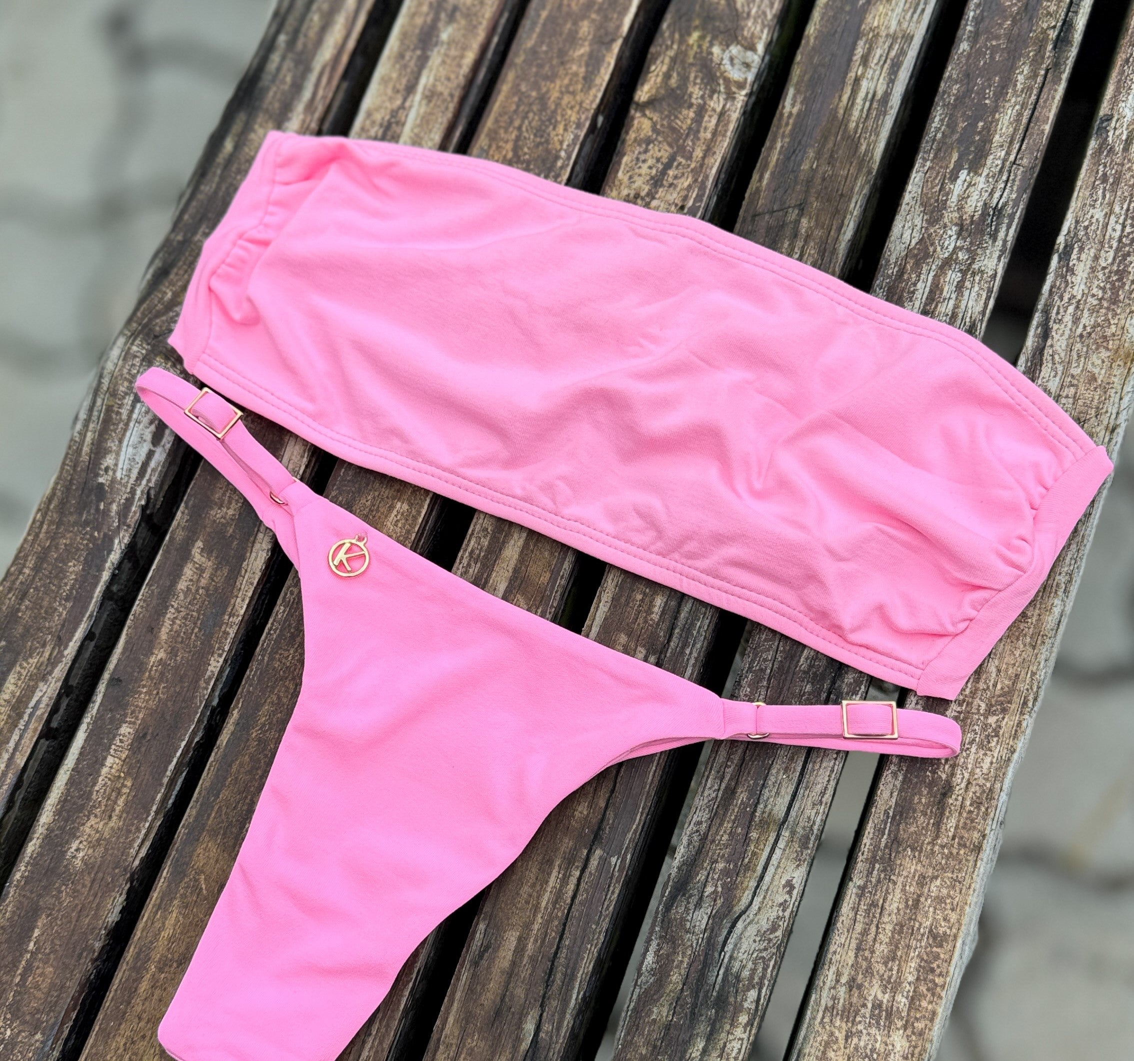 Conjunto de biquíni Rosa Iogurte | Top Faixa + Tanga Mia | Tanga Marquinha de Fita Semi Fio | Top faixa com amarração nas costas