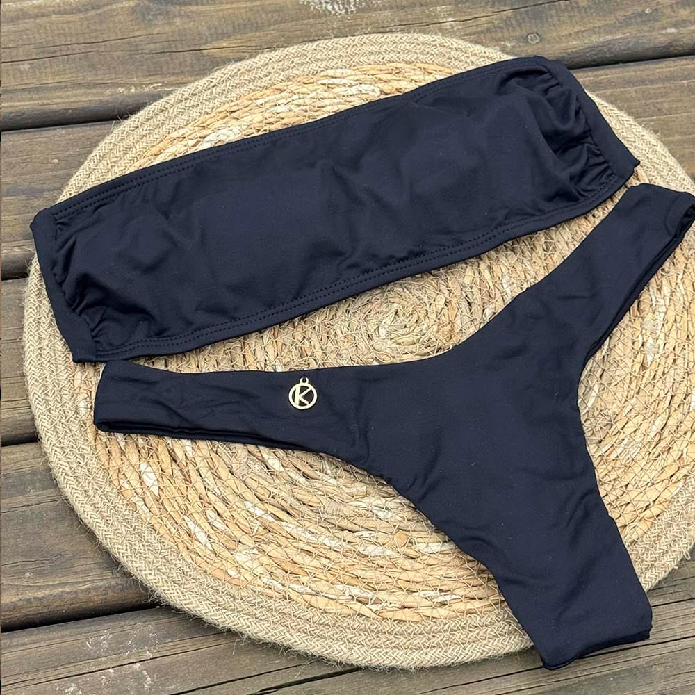 Conjunto de biquíni Preto | Top Faixa + Tanga Eva | Tanga Asa Delta Dupla Face e Semi Fio | Top Faixa com Amarração nas Costas