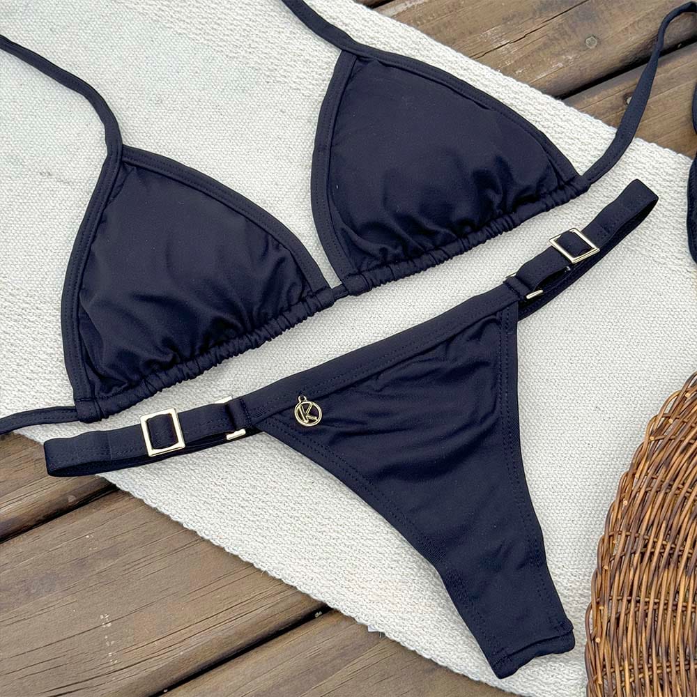 Conjunto de Biquíni Preto | Top Mara + Tanga Fany | Top cortininha com Abertura para Bojo | Tanga Fita que deixa marca de bronze linda | Tecido opaco cor preta