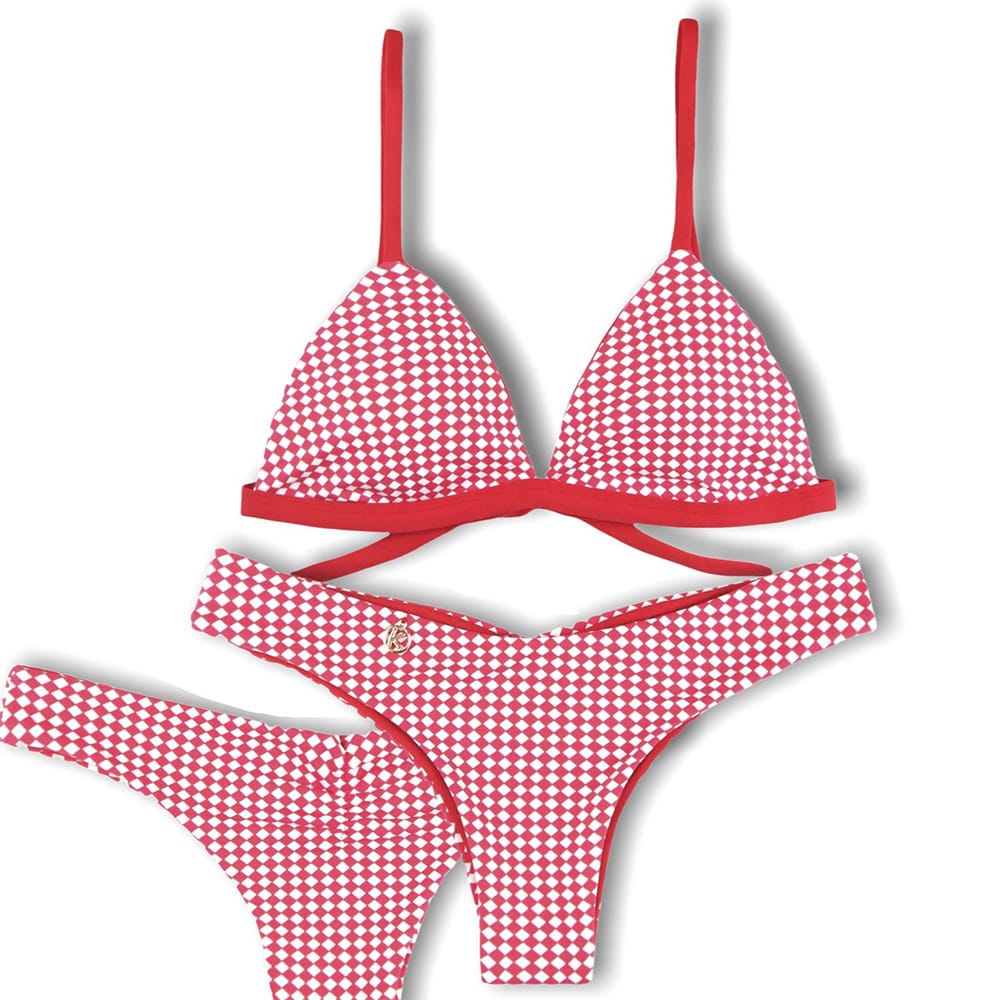 Conjunto de Biquini Vichy Vermelho | Top Jade + Tanga Isa | Reversível drapeado no bumbum | Tanga dupla face | Top com regulador na alça com abertura para bojo