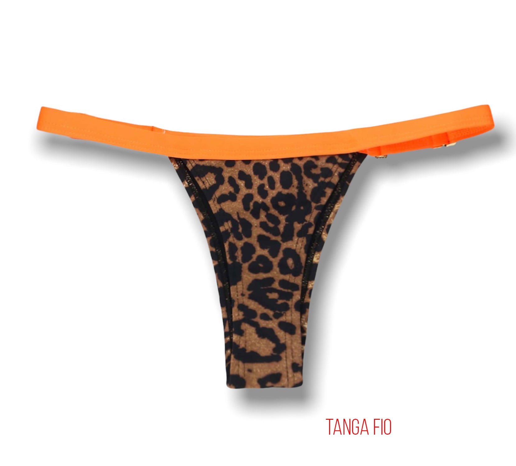 Conjunto de Biquíni Animal Print com a combinação Laranja | Top Mara + Tanga Fany | Top Cortininha com Abertura para Bojo | Tanga Marquinha de Fita semi fio dental