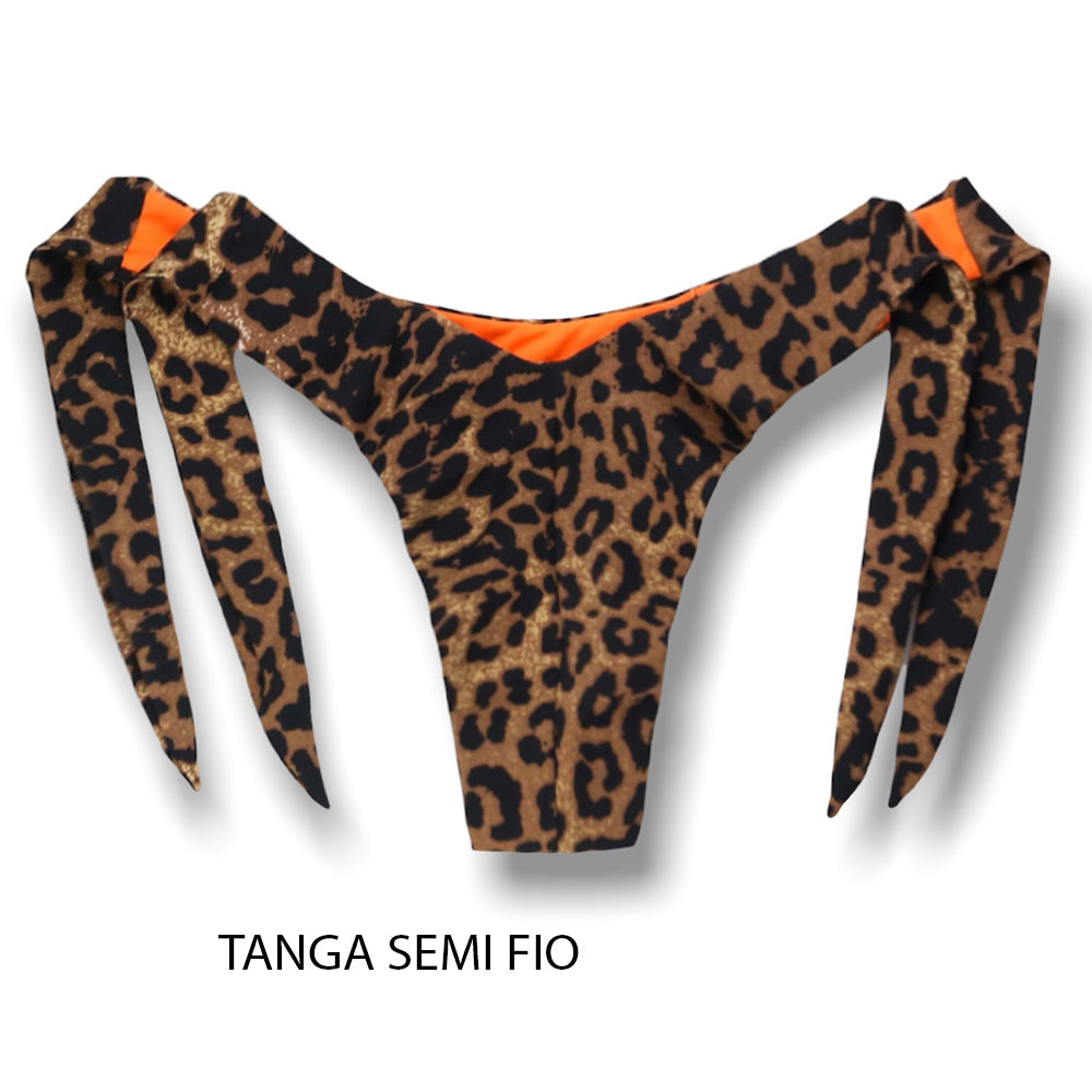 Tanga Mora Animal Print | Biquíni Estampado |  Fio Duplo | Amarração Lateral Larga | Detalhe Interno Laranja | Oncinha