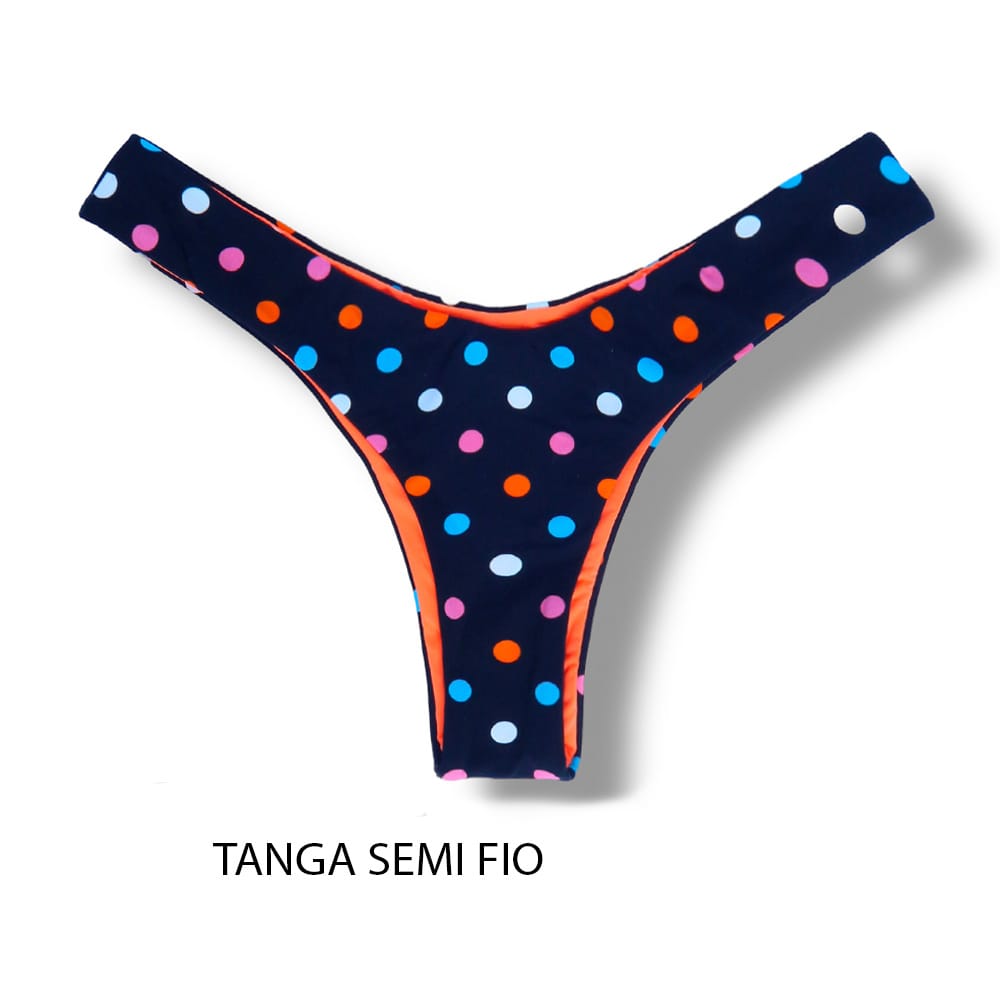 Tanga Eva Poá Colorê | Biquíni Estampado Semi Fio Asa Delta | Aviador | Dupla Face Laranja | Reversível