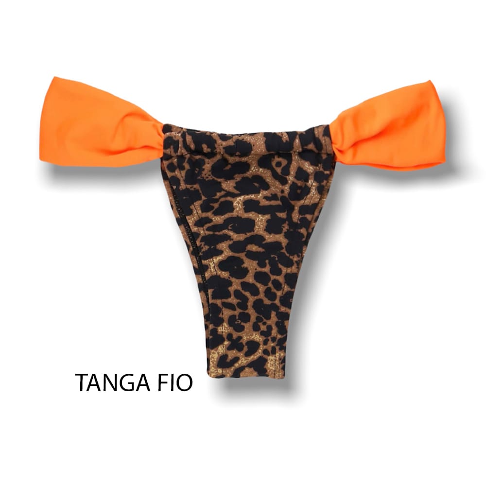 Tanga Gali Animal Print | Biquini Estampado | Fio Dental | Cortininha Regulável | Detalhe Laranja Neon | Oncinha