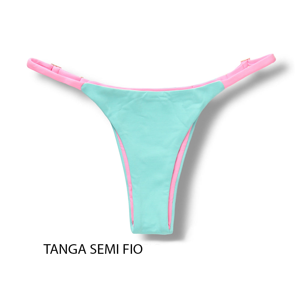 Tanga Mia Bicolor Verde Mint | Biquíni Cor Lisa | Tanga Semi Fio | Tira Fina Regulável | Marquinha de Fita | Detalhe Rosa Iogurte
