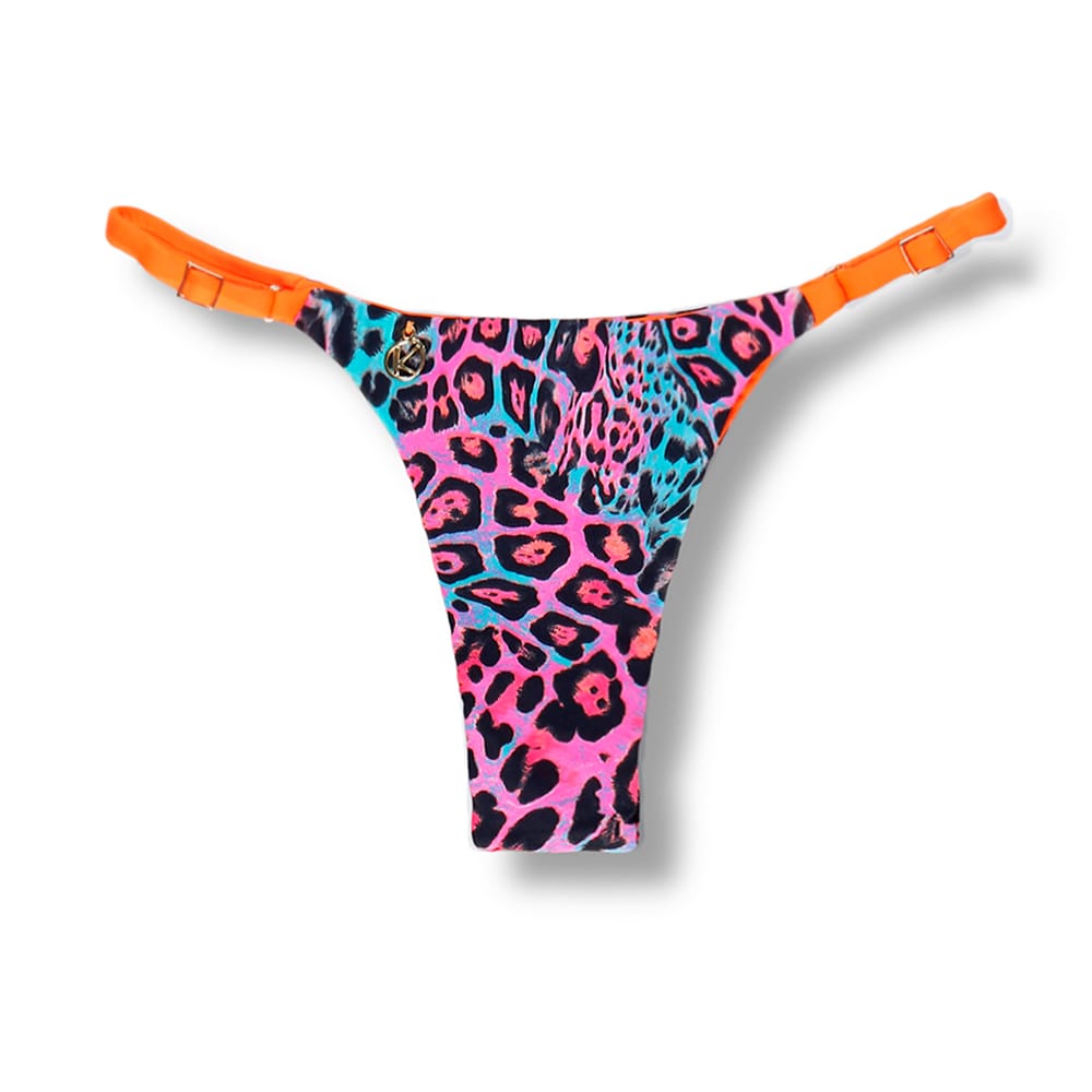 Tanga Mia Animal Print Mescla | Biquíni Estampado | Semi Fio | Tira Fina Regulável | Marquinha de Fita | Detalhe Laranja | Oncinha