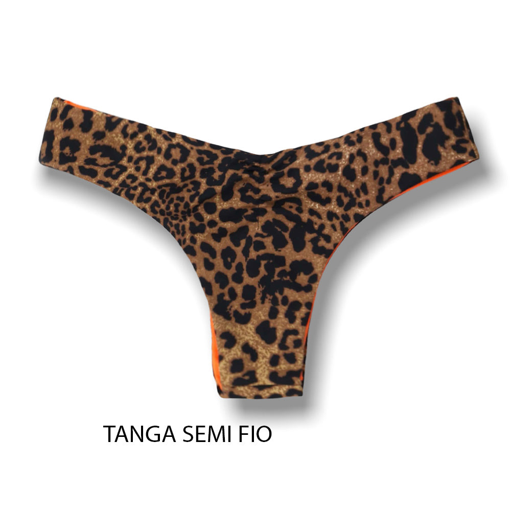 Tanga Isa Animal Print | Biquíni Estampado | Tanga Semi Fio |  Ripple | Levanta Bumbum | Dupla Face Laranja | Reversível | Oncinha