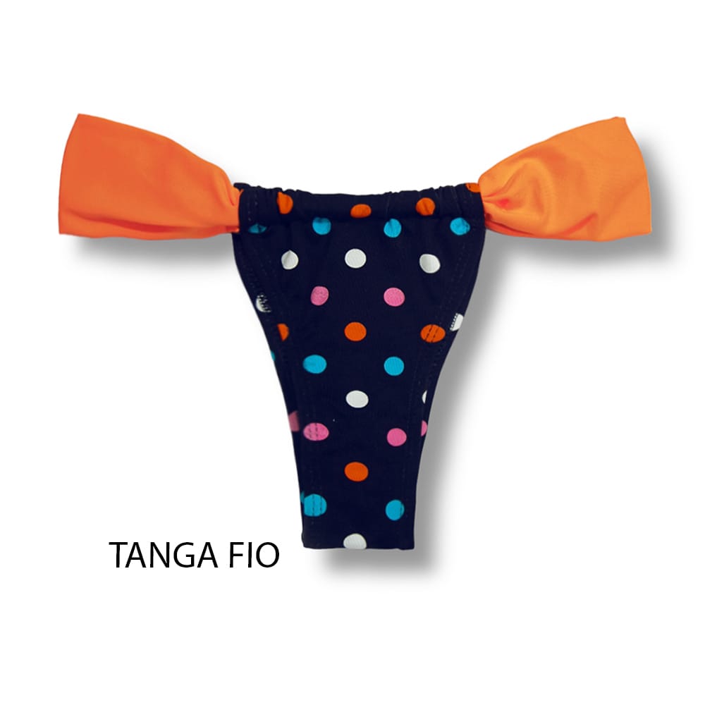Tanga Gali Poá Colorê | Biquíni Estampado | Fio Dental | Cortininha Regulável | Detalhe Laranja