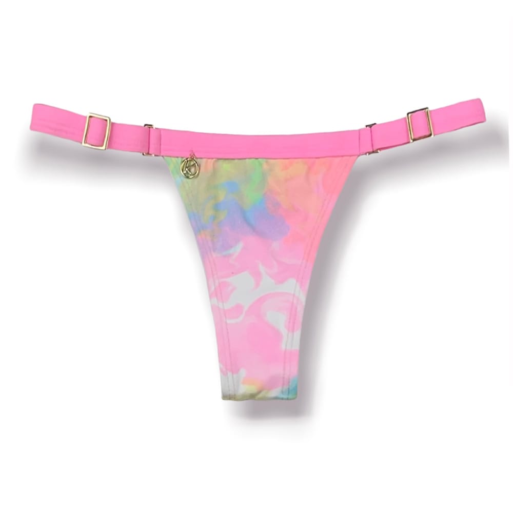 Tanga Fany Tie Dye |Biquíni Estampado | Semi Fio |  Marquinha de Fita | Regulável | Detalhe rosa iogurte