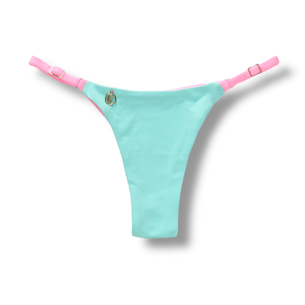 Tanga Mia Bicolor Verde Mint | Biquíni Cor Lisa | Tanga Semi Fio | Tira Fina Regulável | Marquinha de Fita | Detalhe Rosa Iogurte
