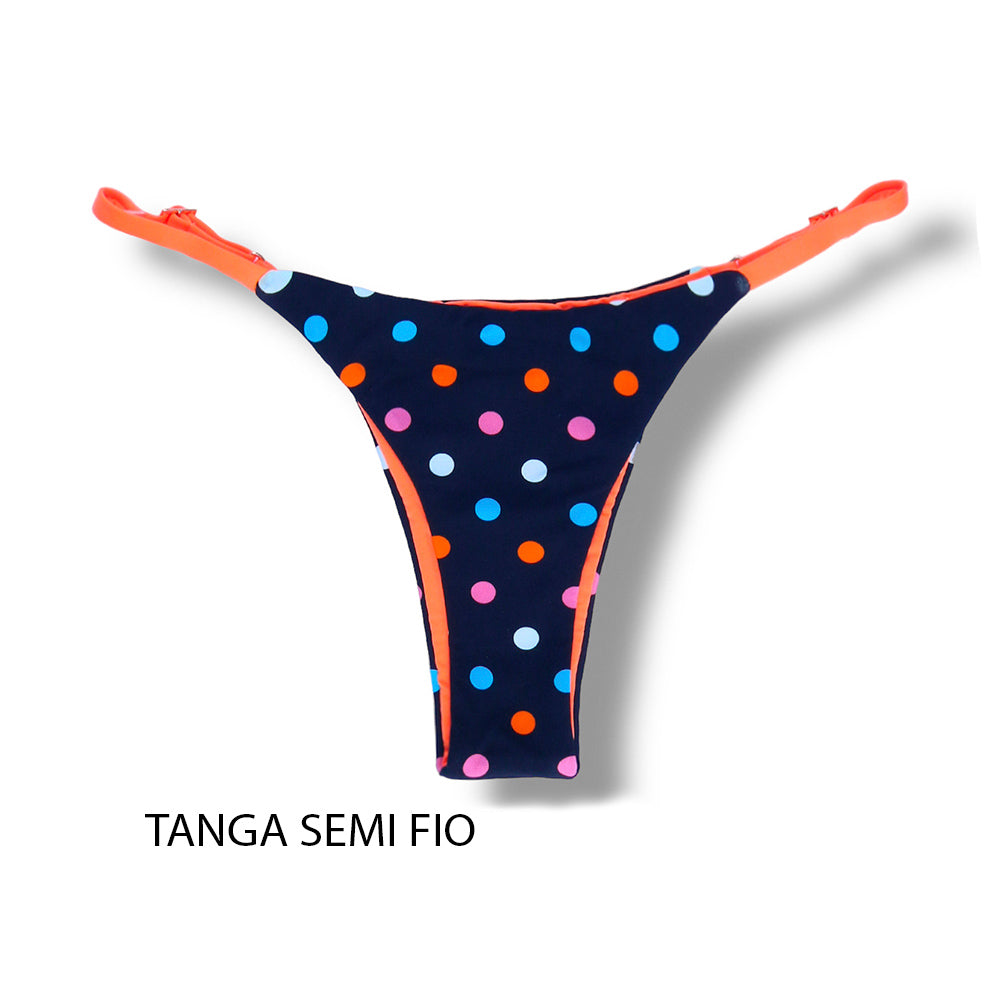 Tanga Mia Poá Colorê | Biquíni Estampado | Semi Fio | Tira Fina Regulável | Marquinha de Fita | Detalhe Laranja