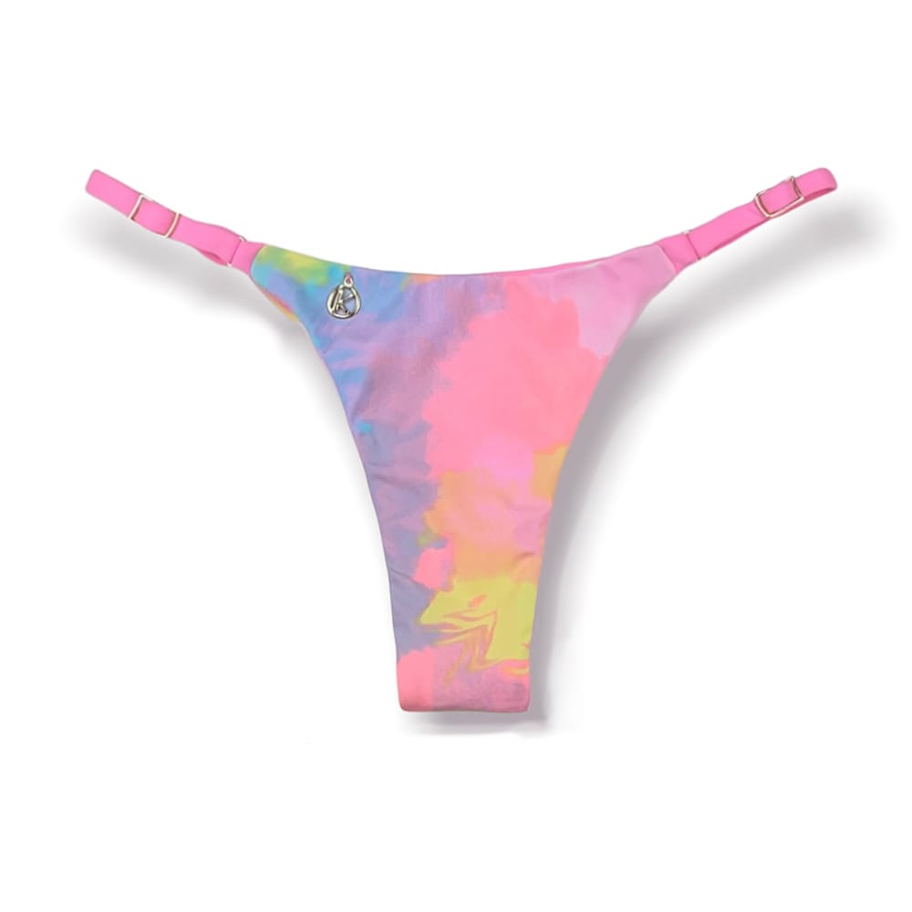 Tanga Mia Tie Dye | Biquíni Estampado | Semi Fio | Tira Fina Regulável | Marquinha de Fita | Detalhe Rosa Iogurte