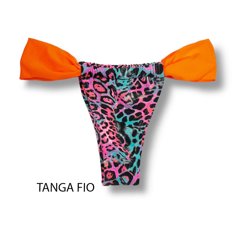 Tanga Gali Animal Print Mescla | Biquíni Estampado | Fio Dental| Cortininha Regulável | Detalhe Laranja | Oncinha