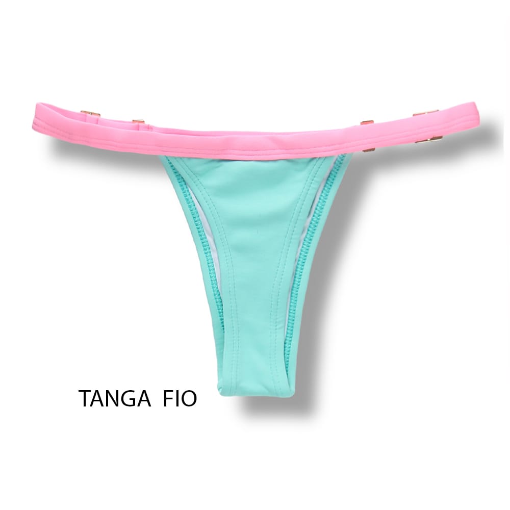 Tanga Fany Bicolor Verde Mint | Biquíni Liso | Semi Fio |  Marquinha de Fita | Regulável | Detalhe Rosa Iogurte