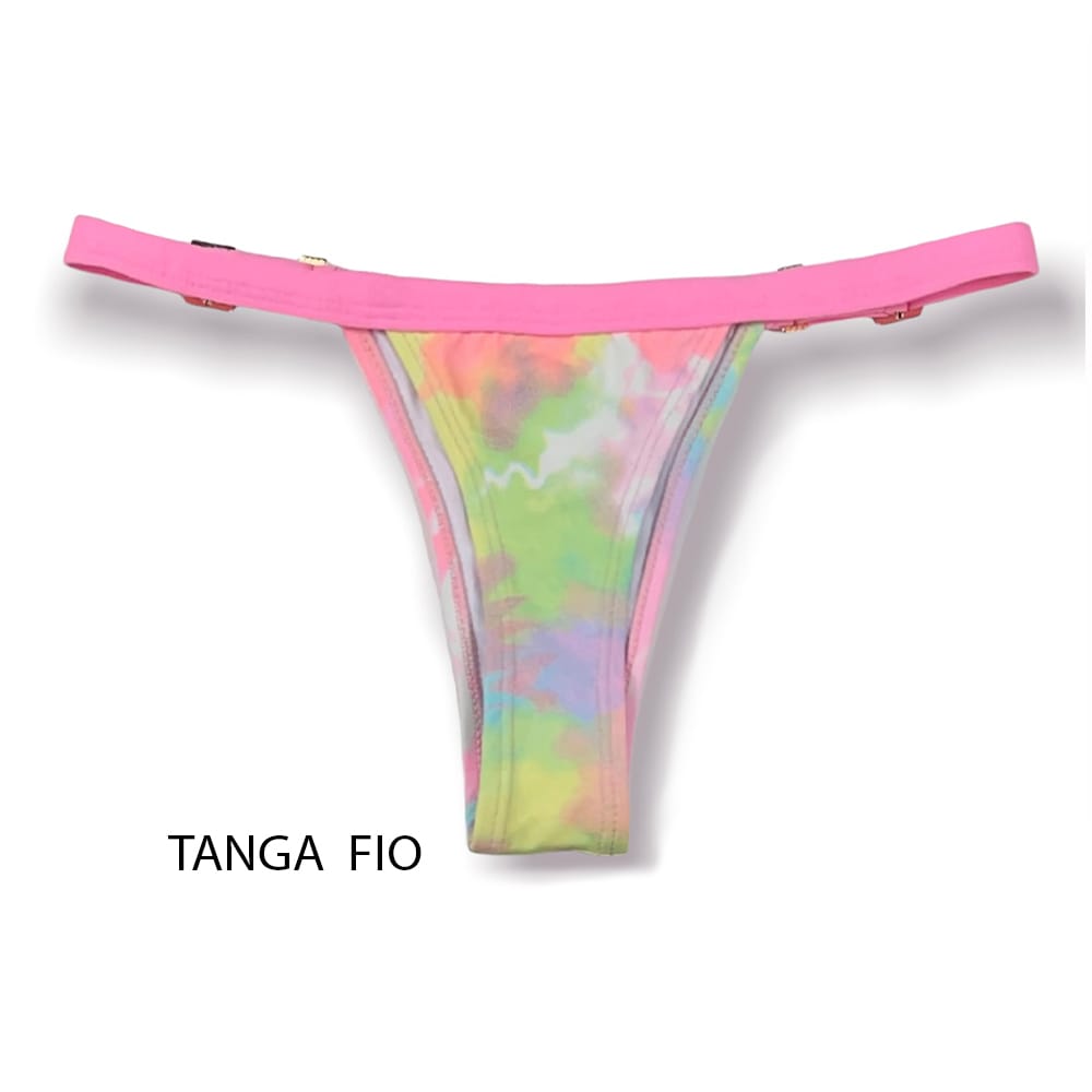 Tanga Fany Tie Dye |Biquíni Estampado | Semi Fio |  Marquinha de Fita | Regulável | Detalhe rosa iogurte