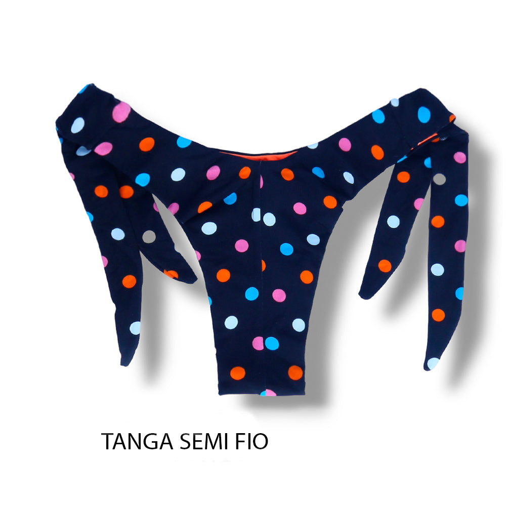 Tanga Mora Poá Colorê | Biquíni Estampado |  Fio Duplo | Amarração Lateral Larga |Detalhe Interno Laranja