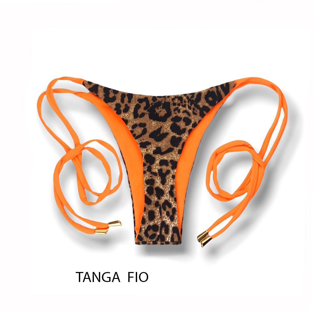 Tanga Cora Animal Print | Biquíni Estampado Fio Dental com Laço para Amarrar | Dupla Face Laranja | Reversível | Oncinha