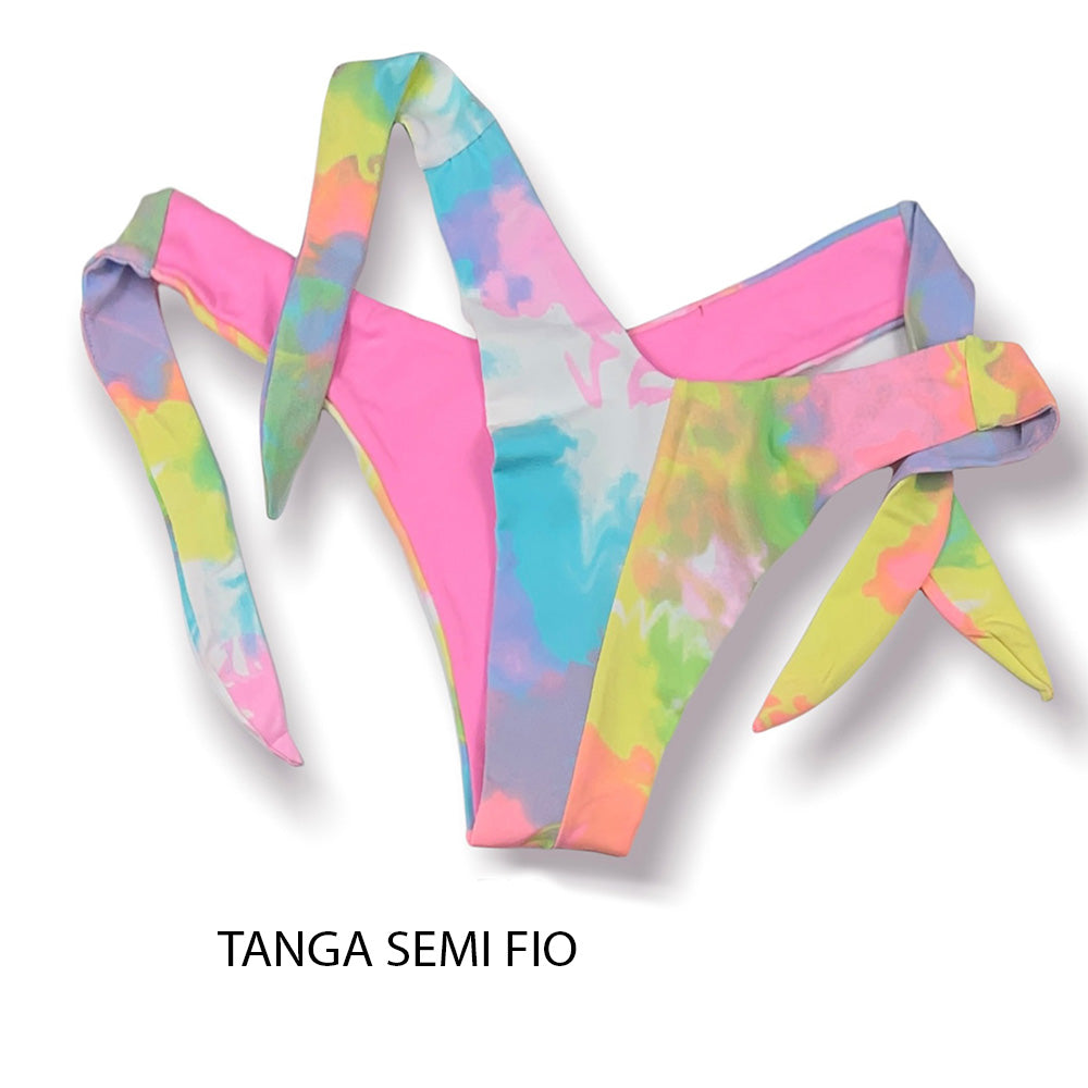 Tanga Mora Tie Dye | Biquíni Estampado |  Fio Duplo | Amarração Lateral Larga | Detalhe Interno Rosa Iogurte