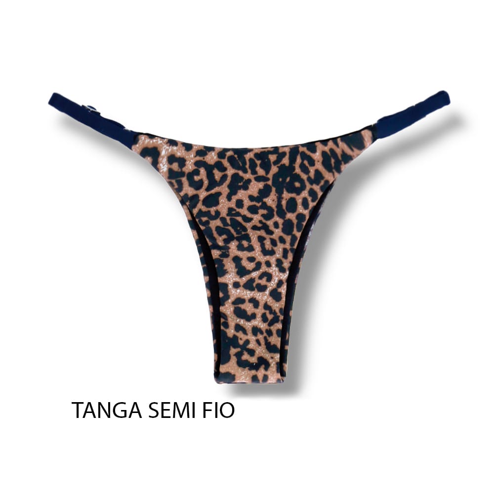 Tanga Mia Animal Print | Biquíni Estampado | Semi Fio | Tira Fina Regulável | Marquinha de Fita | Detalhe Preto | Oncinha