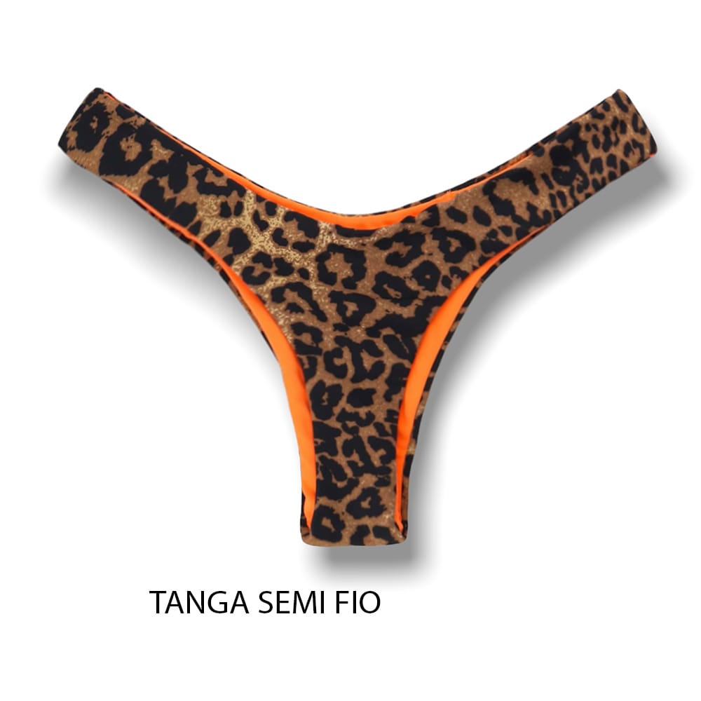 Tanga Eva Animal Print | Biquíni Estampado Semi Fio Asa Delta | Aviador | Dupla Face Laranja | Reversível | Oncinha