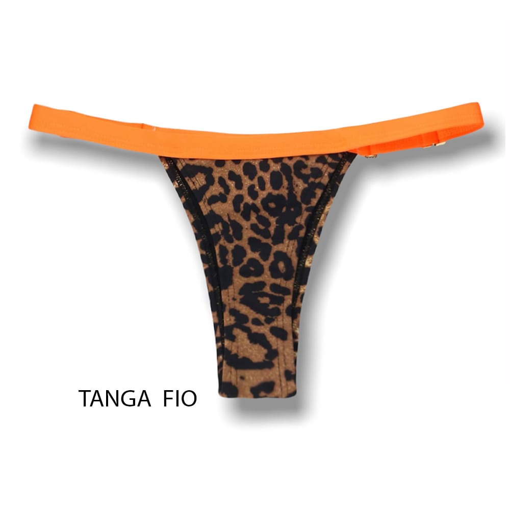 Tanga Fany Animal Print combinação Laranja | Biquíni Estampado | Semi Fio |  Marquinha de Fita | Regulável | Oncinha
