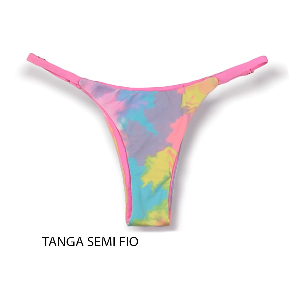 Tanga Mia Tie Dye | Biquíni Estampado | Semi Fio | Tira Fina Regulável | Marquinha de Fita | Detalhe Rosa Iogurte