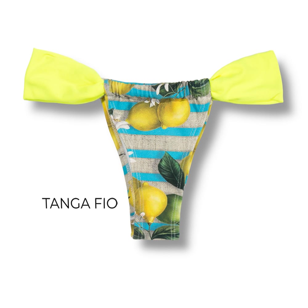 Tanga Gali Limão Siciliano | Biquini Estampado | Fio Dental | Cortininha Regulável | Detalhe Amarelo Neon